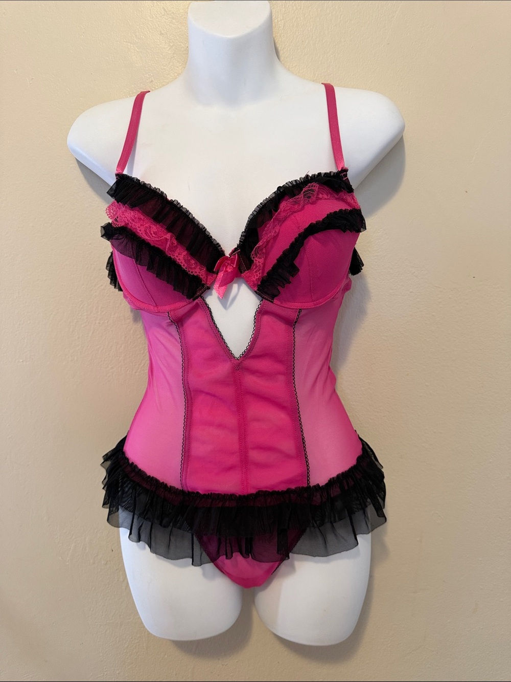 Native Hot Pink and Black Ruffle Bustier Chemise